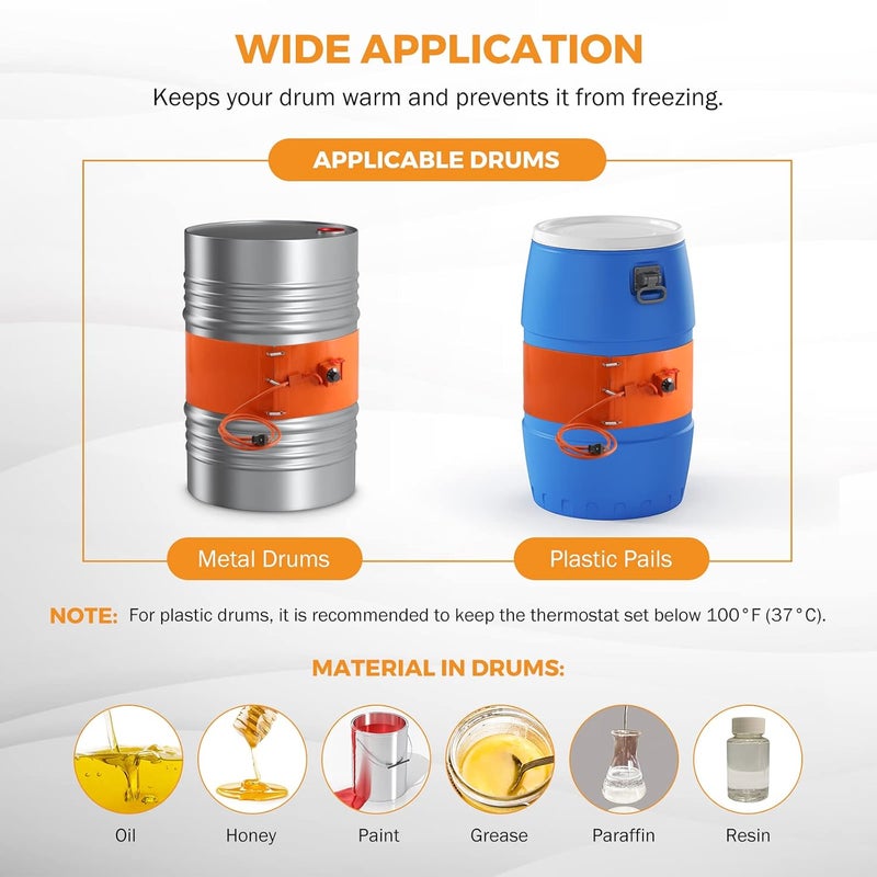 BEAMNOVA 55 Gal Metal Drum Heater, 10 * 70 inch, Temperature Controller, 120V Pail Heating Band, for Honey Oil Barrel, Silicone Rubber Heating Band, Heavy Duty - Image 5